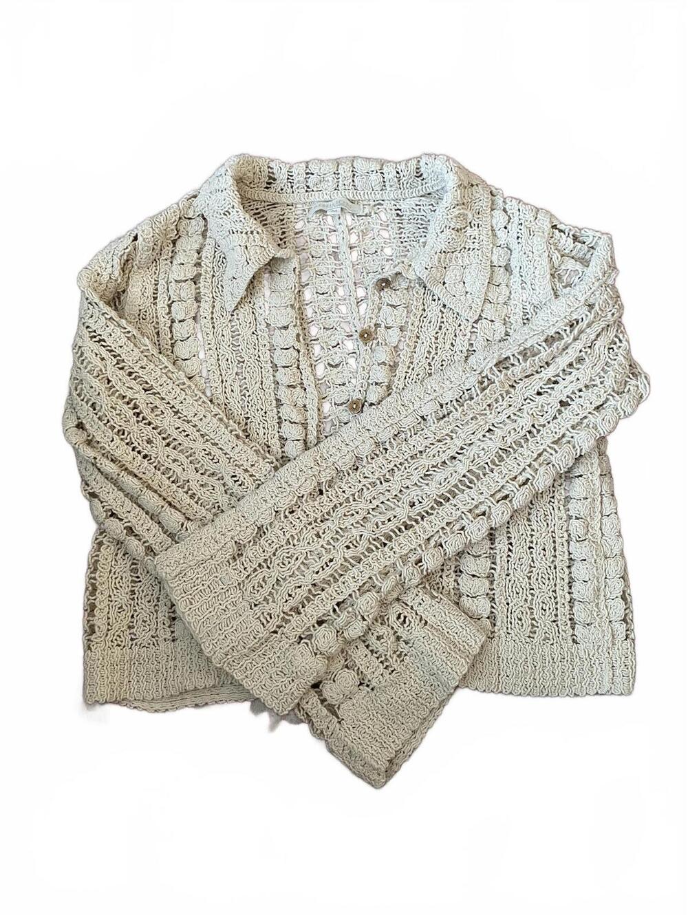 Rebellion Beige Lacey Crocheted Button Front Cardigan Sweater Wooden Buttons Med